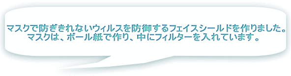 マスクで防ぎきれないウィルスを防御するフェイスシールドを作りました。 マスクは、ボール紙で作り、中にフィルターを入れています。  